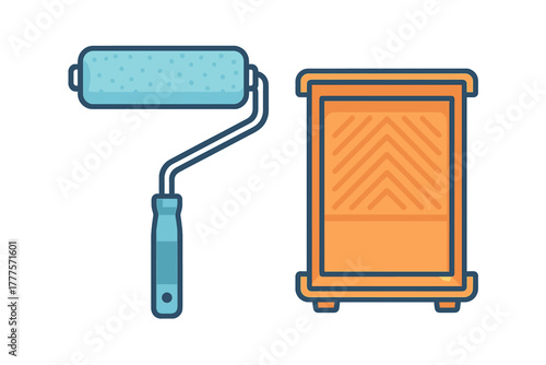 Blue paint roller and orange paint tray used for home renovation and painting