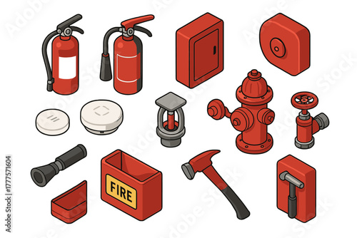 Isometric collection of essential fire safety and emergency equipment and tools