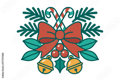 Festive Christmas arrangement featuring a large red bow, crossed candy canes, pine branches, holly leaves, and golden jingle bells