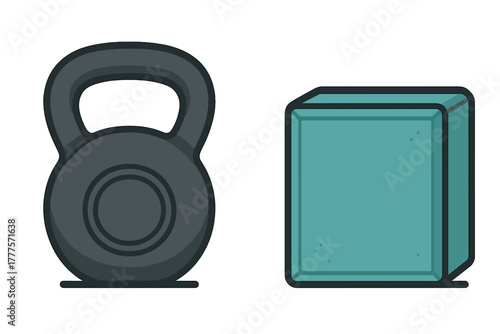 Set of essential gym equipment featuring a heavy kettlebell and a turquoise fitness block