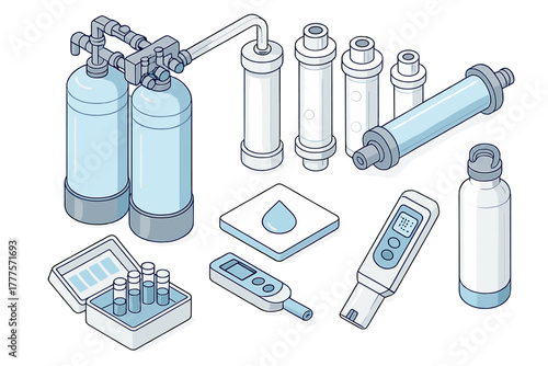Isometric set of water filtration system components and quality testing equipment