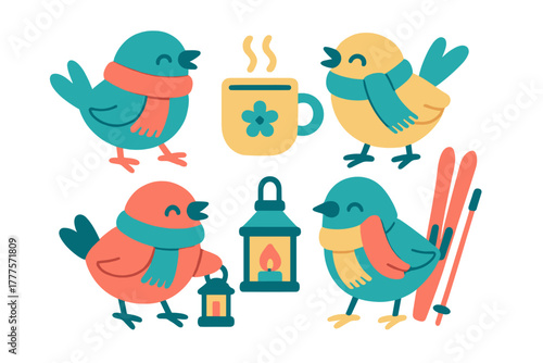 Cheerful cartoon birds wearing scarves holding hot beverage mug, glowing lantern, and skis