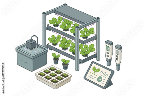 Vertical hydroponic farming system setup with nutrient reservoir, monitoring devices, and young seedlings