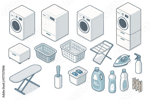 Isometric set of washing machines, dryers, ironing board, and laundry supplies