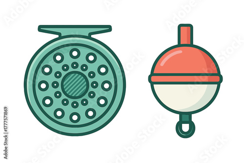 Fishing reel and bobber set isolated on white background for outdoor angling activity