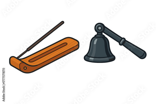 Traditional wooden incense stick holder and dark gray metal hand bell objects