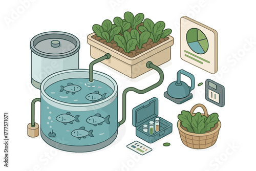 Sustainable aquaponics system with fish and hydroponic plants in isometric view