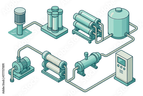 Isometric layout of industrial water purification and treatment system machinery