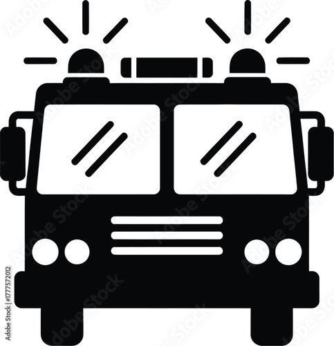 Illustration of a black fire truck with lights on a white background