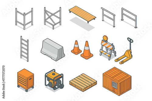 Isometric set of construction site equipment and industrial tools: scaffolding, safety cones, barriers, generator, and pallet jack