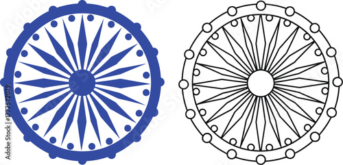 Two ashoka chakra illustrations one in blue and one in black outline