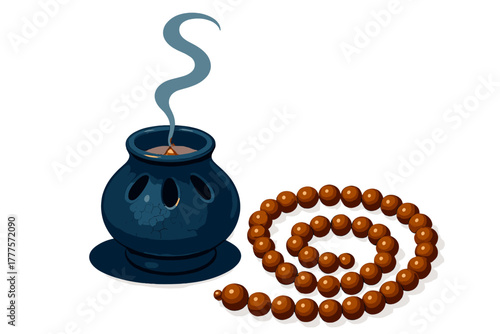 Traditional ceramic incense burner with rising smoke and wooden prayer beads coiled in a spiral on white background