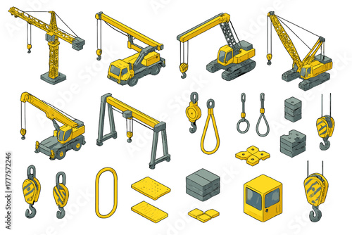 Isometric set of yellow heavy construction cranes, lifting hooks, counterweights, and rigging equipment components