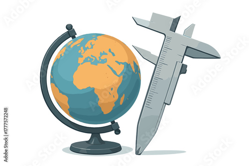 Large caliper measuring a desk globe symbolizing global analysis and precision