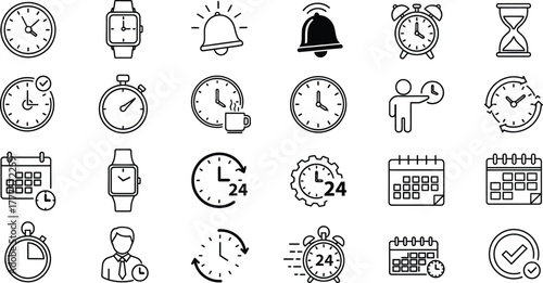 Various time related icons including clocks calendars and alarm bells