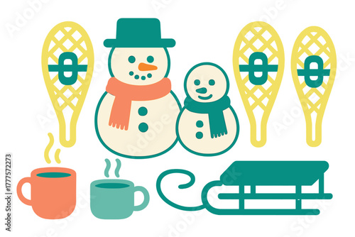 Cute winter holiday collection featuring snowmen, snowshoes, steaming mugs, and a classic wooden sled