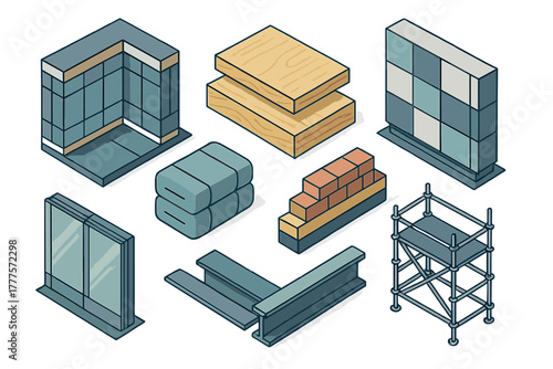 Isometric collection of construction materials including steel beams, brick walls, wooden planks, glass facades, and scaffolding