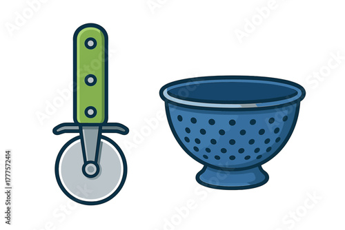 Essential kitchen tools including a pizza cutter with a green handle and a blue colander