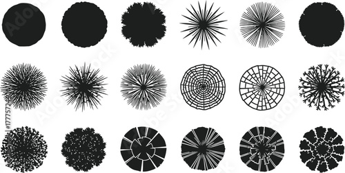 Collection of black and white tree plan view illustrations on white