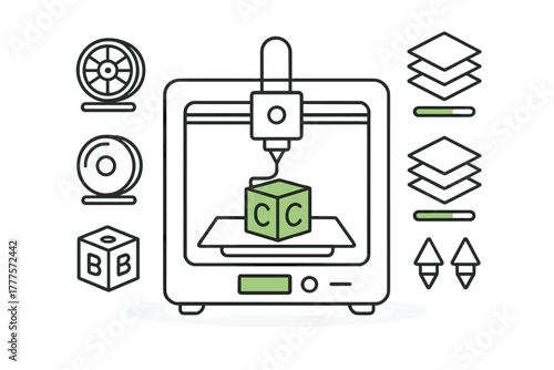 3D printing machine creating a prototype cube with additive manufacturing technology icons