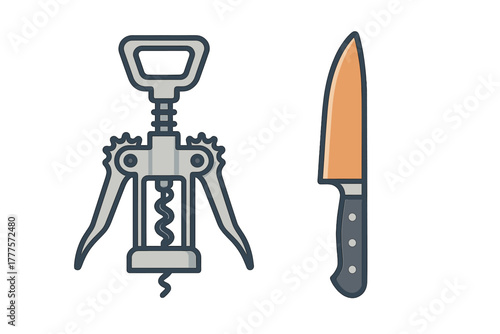 Kitchen tools set with corkscrew and sharp chef knife isolated on white background