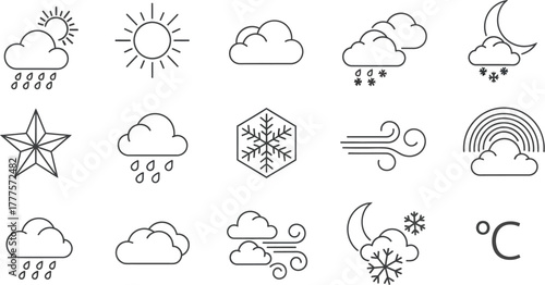 Weather forecast icons showing sun rain snow wind and temperature sign