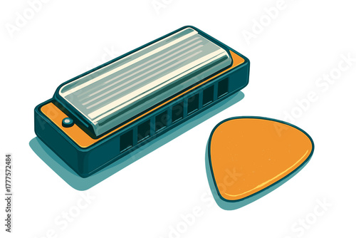 Stylized musical instruments featuring a harmonica and a bright orange guitar pick accessory