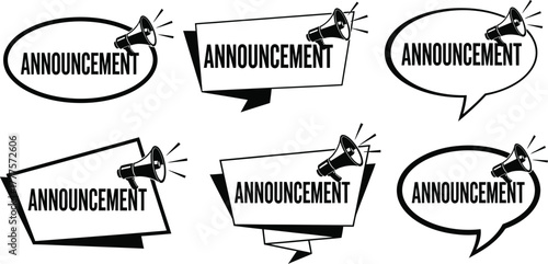 Collection of announcement icons with megaphone in black and white