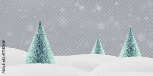 Behang Winter landscape with fluffy fir trees on snowdrifts and falling snowflakes on a transparent background