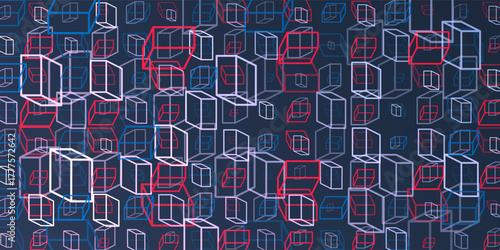 A vibrant abstract pattern of layers of repeating 3D cubes in purple, grey and blue placed on a dark blue background. The bold geometric design and contrasting colors create a striking modern visual.
