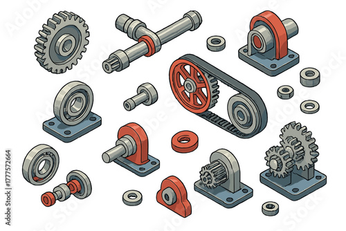Isometric set of engineering components including gears, bearings, pulleys, and drive shafts