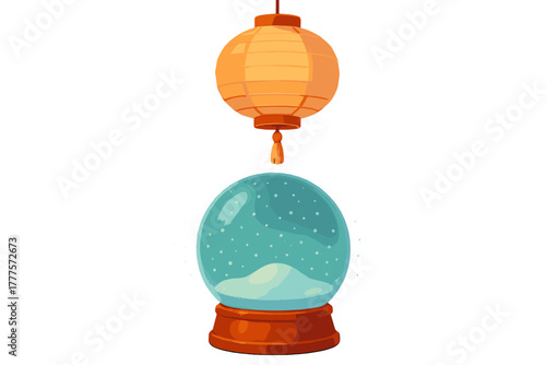 Glowing orange paper lantern suspended over a winter holiday snow globe decoration