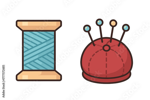 Sewing tools including a spool of blue thread and a red pincushion with colorful pins