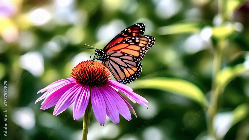 Fototapeta premium Monarch Butterfly on Purple Coneflower, Detailed Wing Patterns a