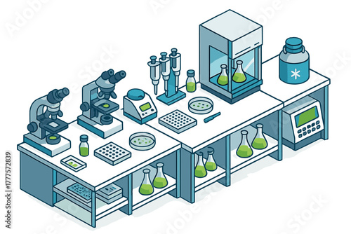 Isometric view of a modern science laboratory bench setup with research equipment and glassware