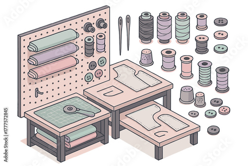 Detailed isometric setup of a sewing workspace featuring fabric rolls, thread spools, buttons, and cutting patterns