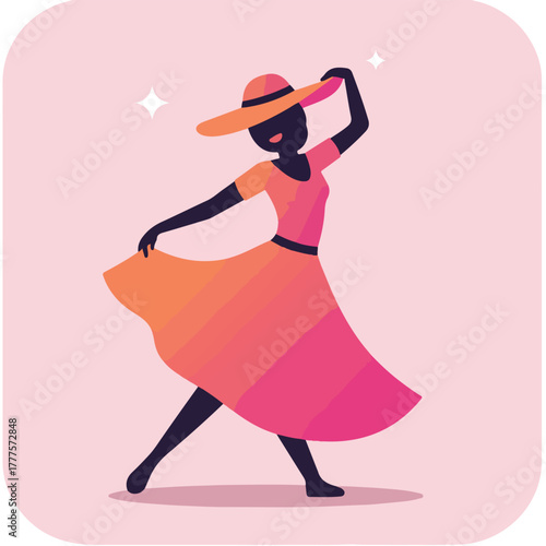 Elegant woman in a dress and hat dancing gracefully, ideal for fashion blogs, dance studios, beauty salons, or event promotions.