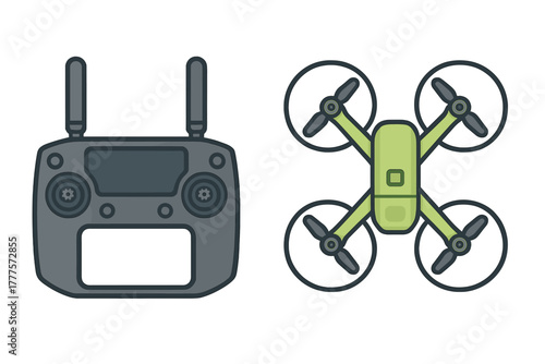 Modern aerial drone quadcopter and remote control transmitter device for flying technology