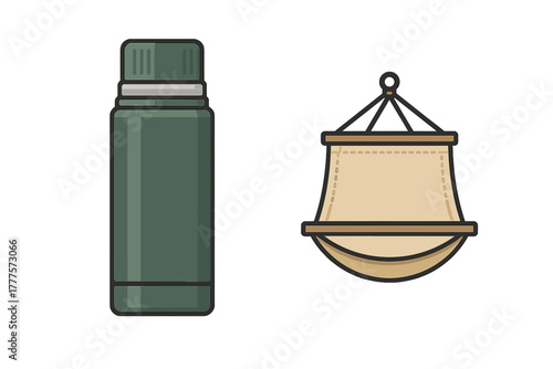 Insulated green thermos bottle and beige fabric hanging hammock for outdoor leisure