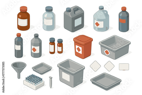 Isometric set of chemical containers, laboratory supplies, hazardous waste bins, and storage trays