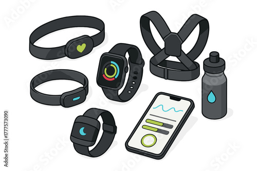 Isometric set of wearable fitness technology devices and health accessories collection