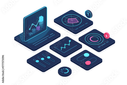 Isometric digital dashboard elements showing charts graphs and analytical metrics