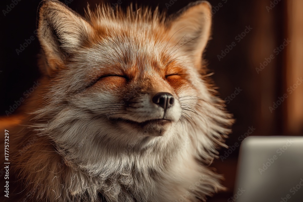 Naklejka premium Smiling fox uses laptop outside near wooden structure in natural light while resting comfortably on a mat