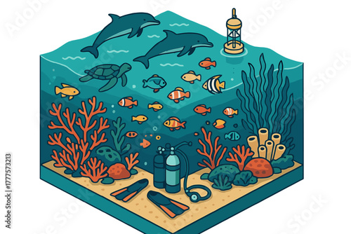 Vibrant ocean scene with marine life including dolphins, sea turtle, tropical fish, and diving equipment on the seabed
