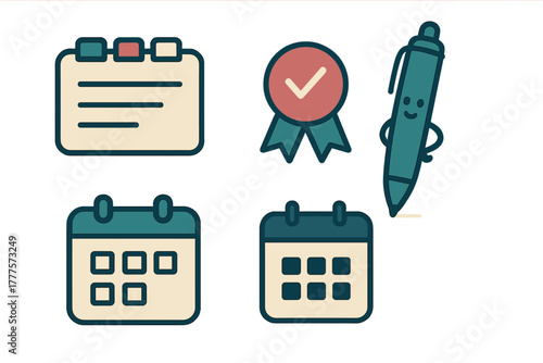 Business productivity icons set featuring calendar, document, achievement badge, and cute pen character
