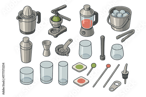 Isometric set of professional bar tools and cocktail making equipment including shaker, blender, juicers, and glassware