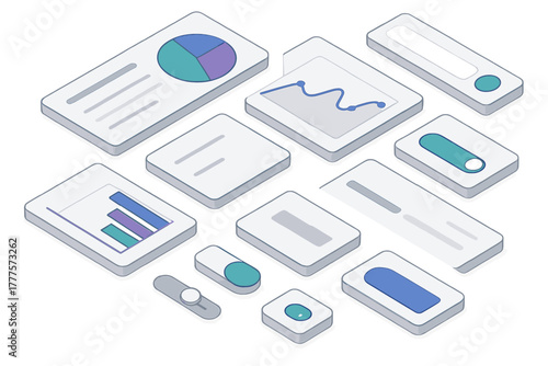 Isometric design elements for user interface and experience featuring charts graphs and input fields
