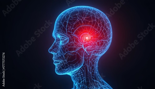 Stunning human head wireframe with glowing brain activity, perfect for neurology, health, technology, or medical concepts requiring a modern digital feel
