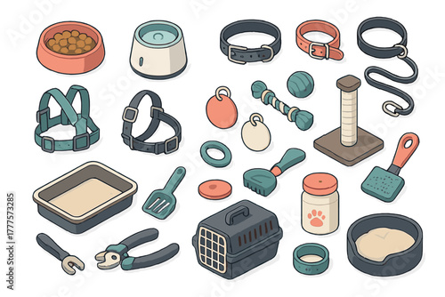 Isometric collection of domestic pet accessories including food bowls collars leashes toys and beds