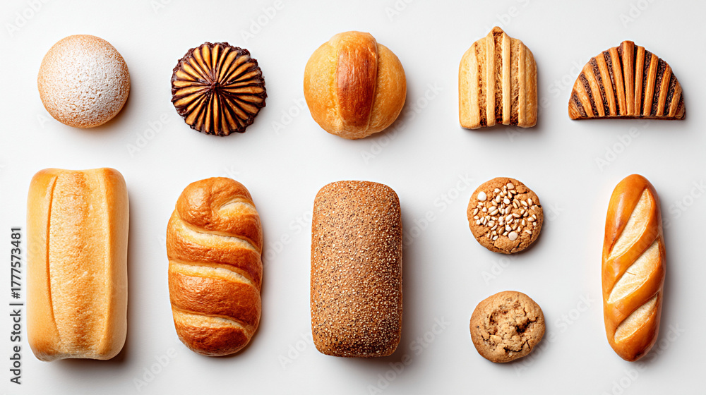 Fototapeta premium Isolated bakery set featuring various types of bread and pastries on a white background, showcasing high detail and texture for culinary and food photography needs